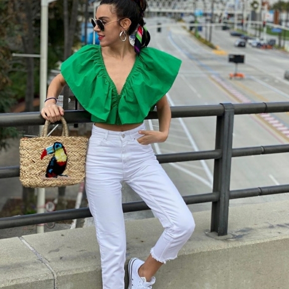 ZARA voluminous green ruffled polin top - Picture 3 of 11